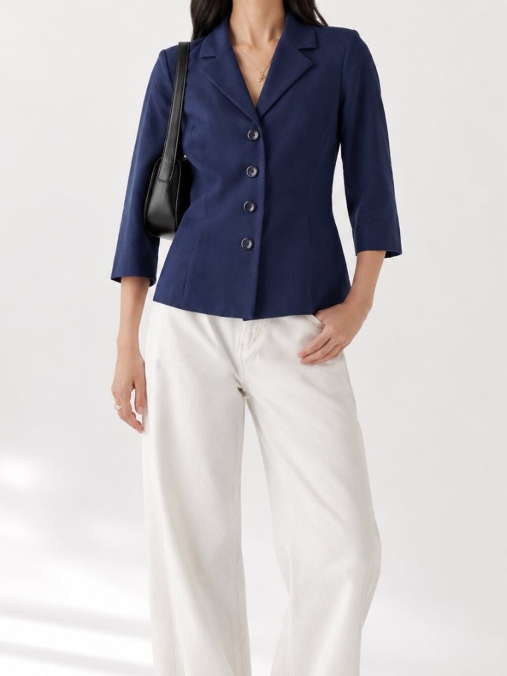 Vintage Navy Blue Button Up 3/4 Length Sleeve Blazer / Blouse
